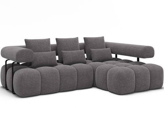 Narożnik Levvi prawy w jasnoszarym welurze easy clean Manhattan 03 – nowoczesny design, funkcja spania Relax, czarne metalowe nogi