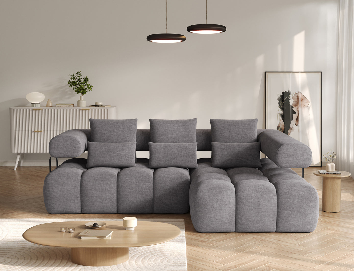 Jasnoszary narożnik Levvi prawy w tkaninie Manhattan 03, miękki welur easy clean, funkcja spania Relax, solidne czarne nogi