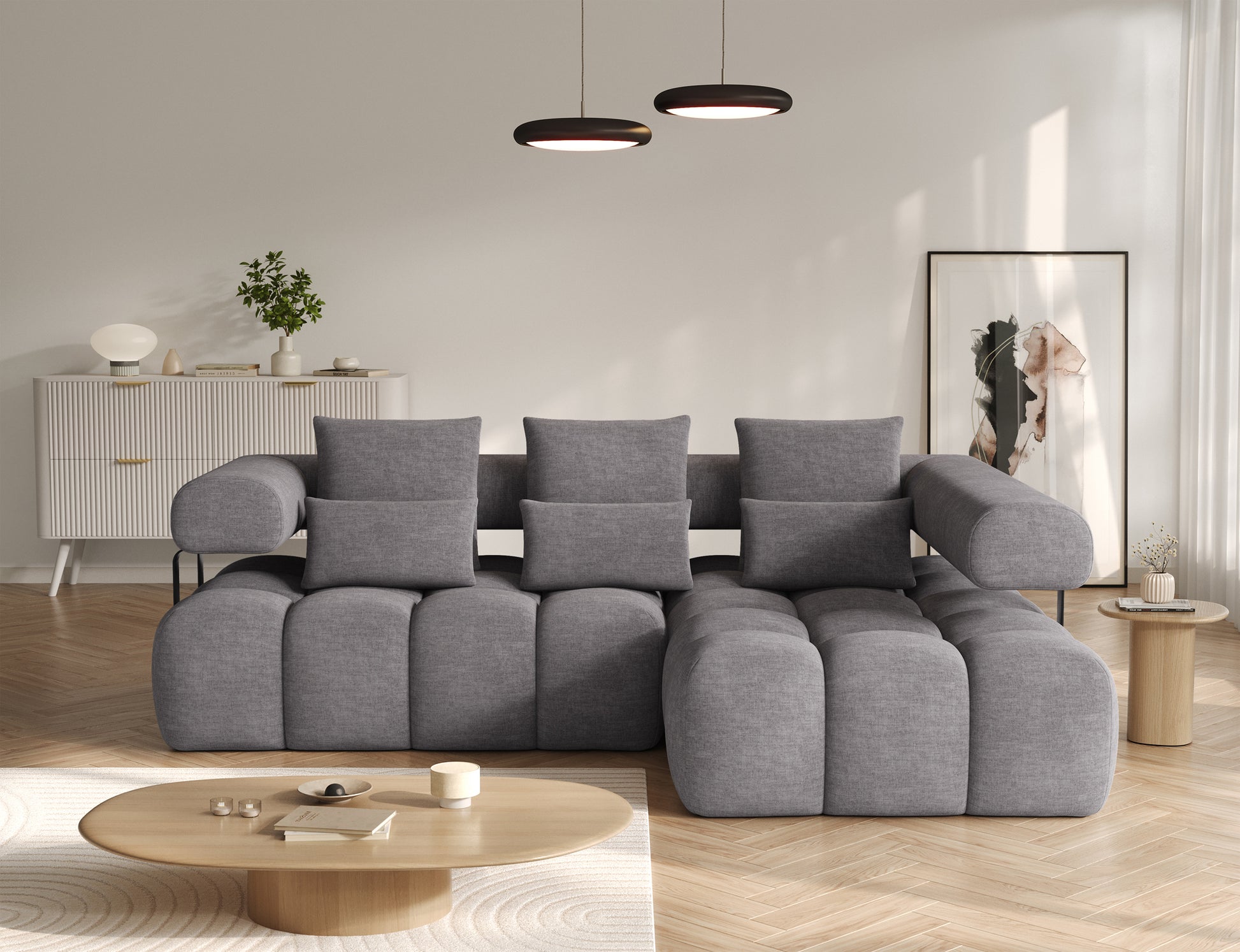 Jasnoszary narożnik Levvi prawy w tkaninie Manhattan 03, miękki welur easy clean, funkcja spania Relax, solidne czarne nogi