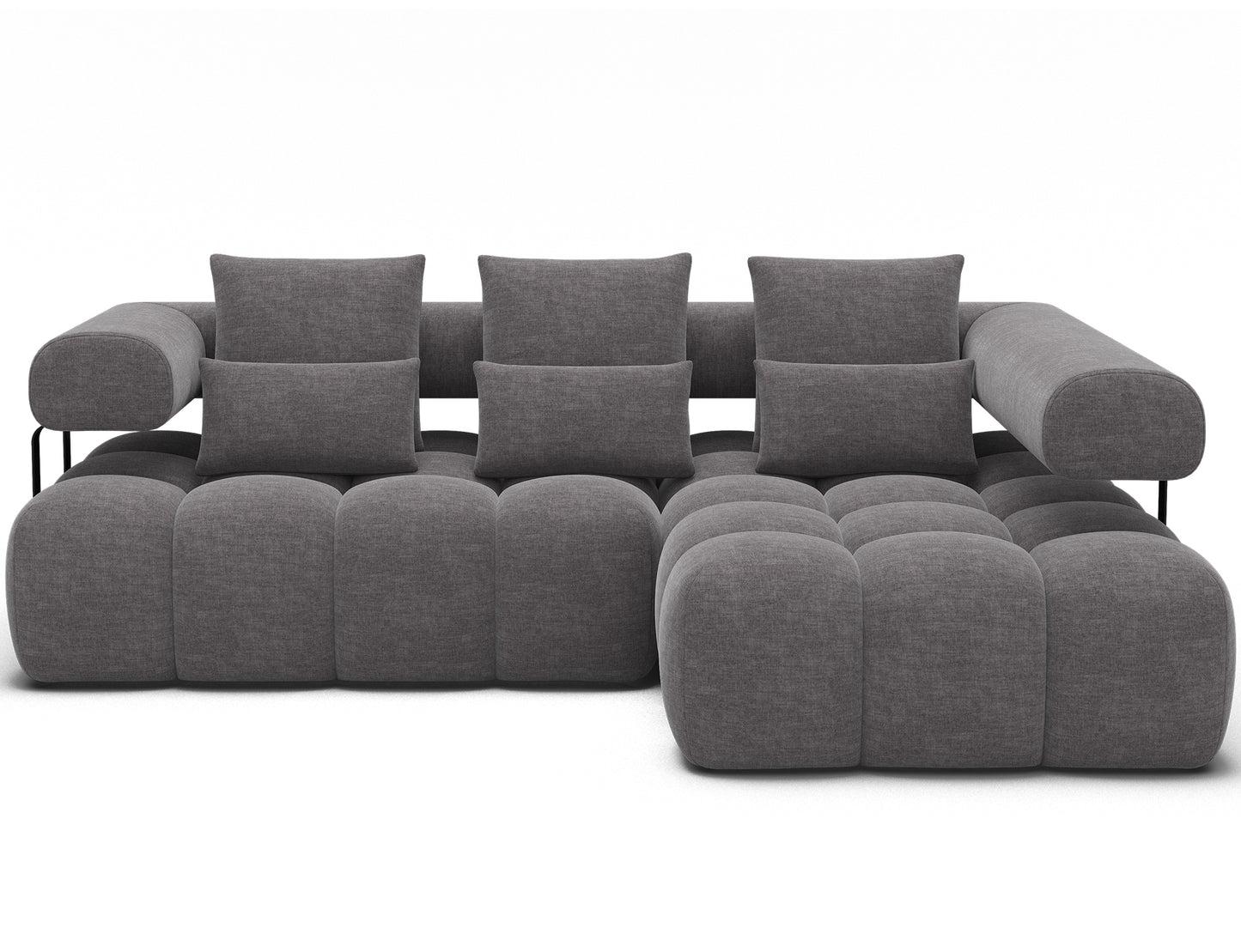 Nowoczesny narożnik prawy Levvi w tkaninie Manhattan 03 jasnoszary – welur easy clean, funkcja spania, czarne nogi, wygodne poduchy