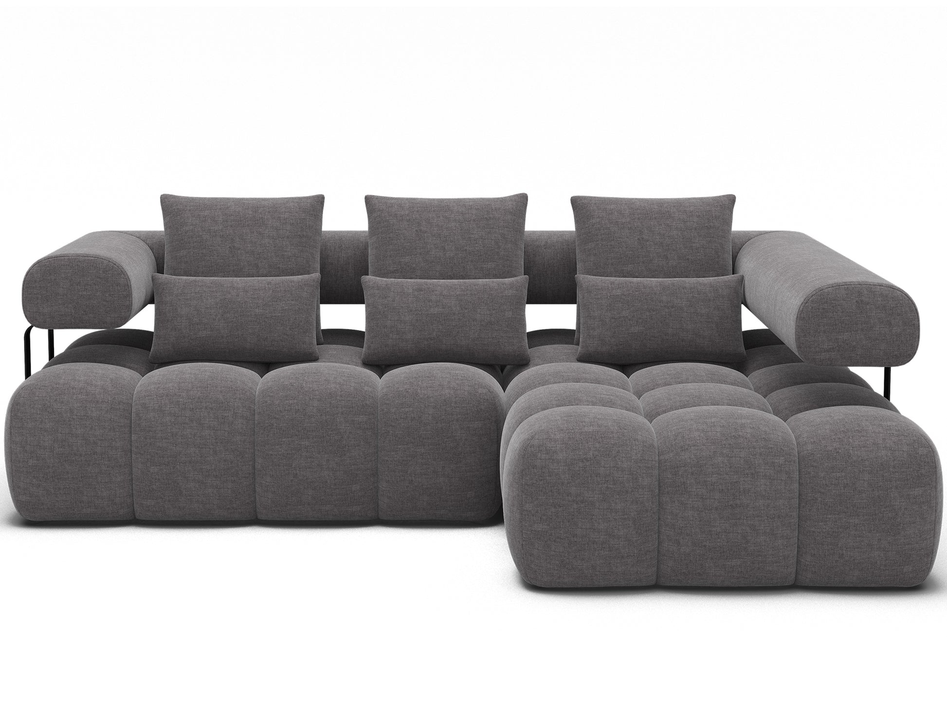 Nowoczesny narożnik prawy Levvi w tkaninie Manhattan 03 jasnoszary – welur easy clean, funkcja spania, czarne nogi, wygodne poduchy