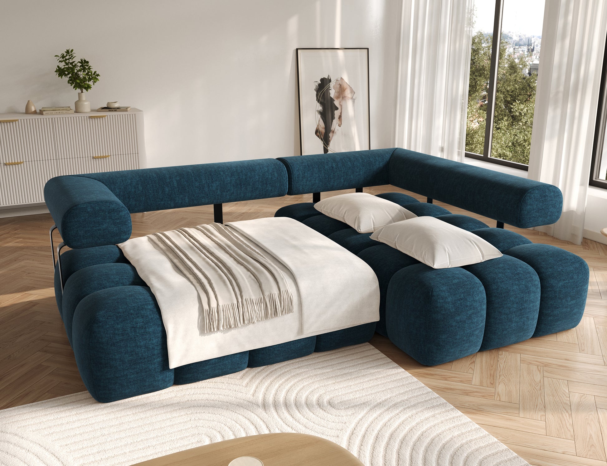 Narożnik prawy Levvi ELTAP w tkaninie Manhattan 40 rozłożony do spania, granatowy kolor, funkcja relaks z dużą powierzchnią.