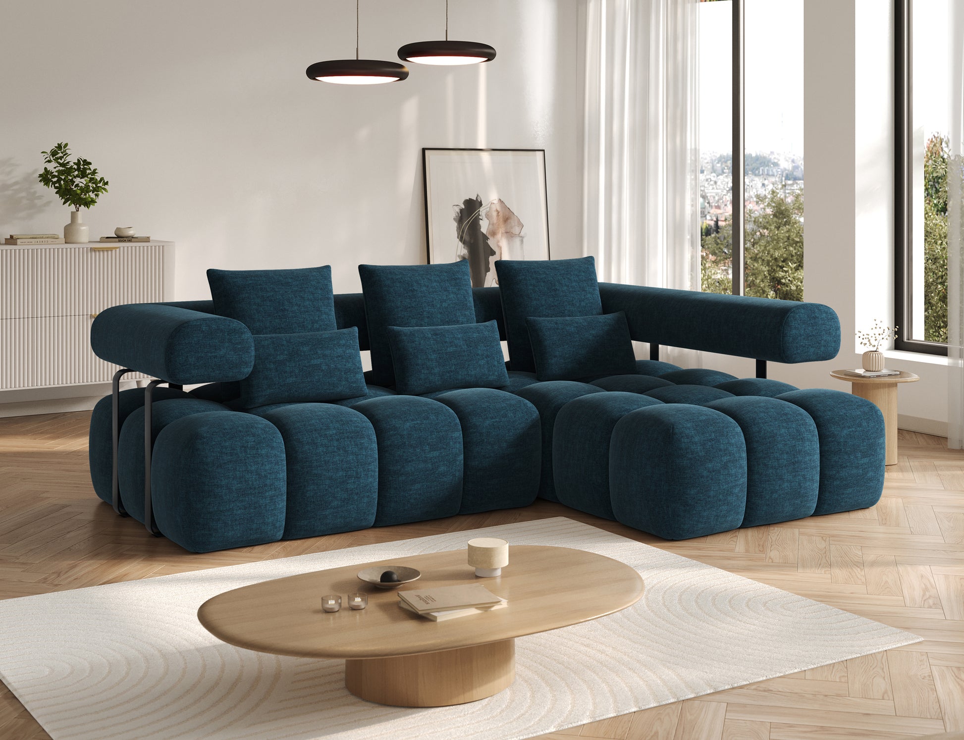 Granatowy narożnik Levvi prawy w tkaninie Manhattan 40, nowoczesny układ modułów i eleganckie zaokrąglone kształty.