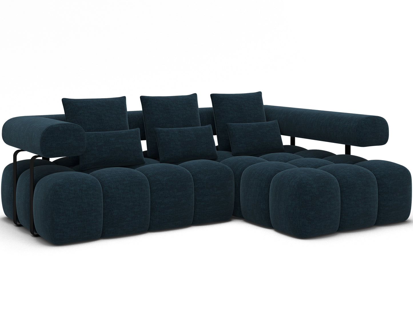 Granatowy narożnik prawy Levvi ELTAP w tkaninie Manhattan 40, miękkie moduły, nowoczesny design i czarne metalowe nogi.