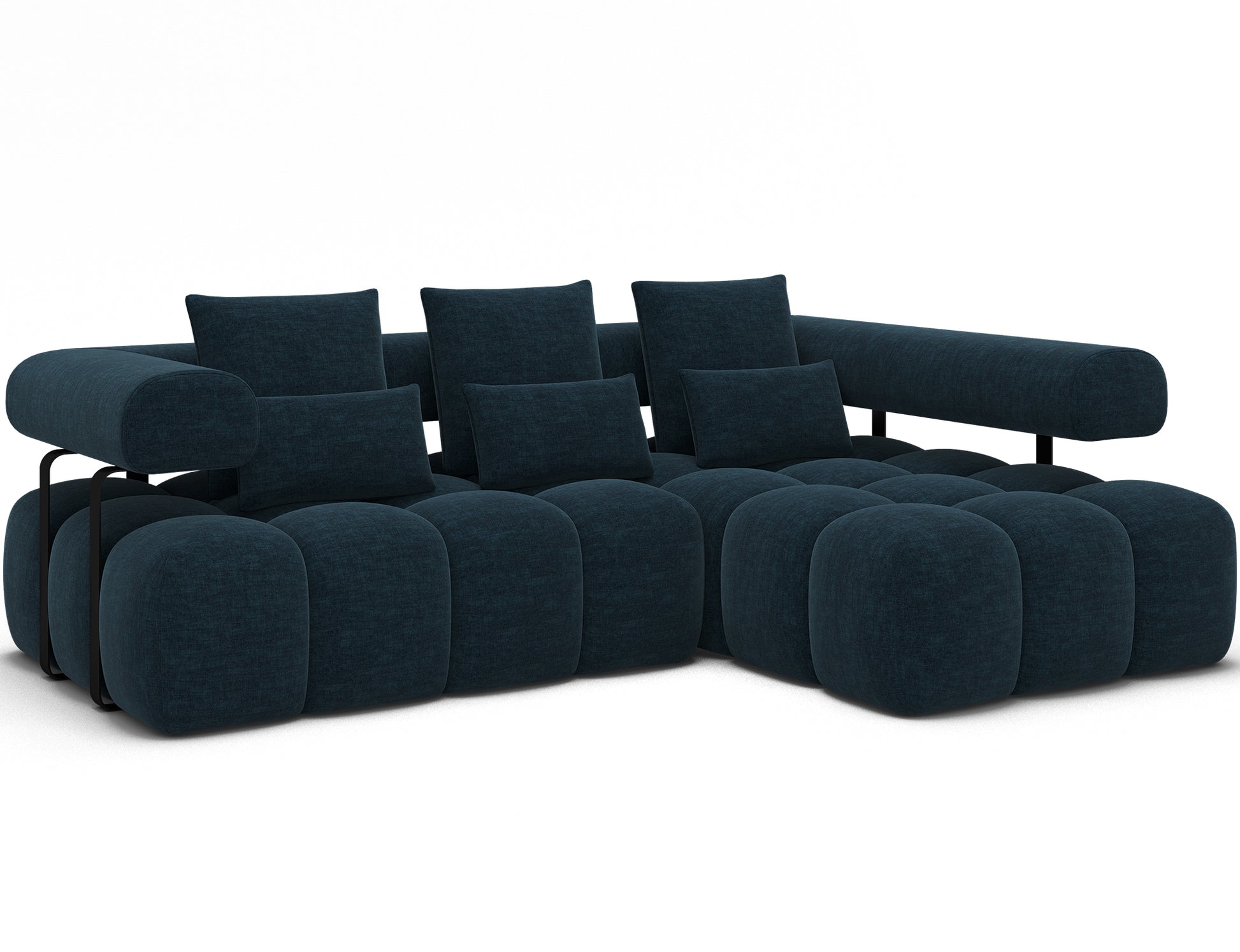 Granatowy narożnik prawy Levvi ELTAP w tkaninie Manhattan 40, miękkie moduły, nowoczesny design i czarne metalowe nogi.