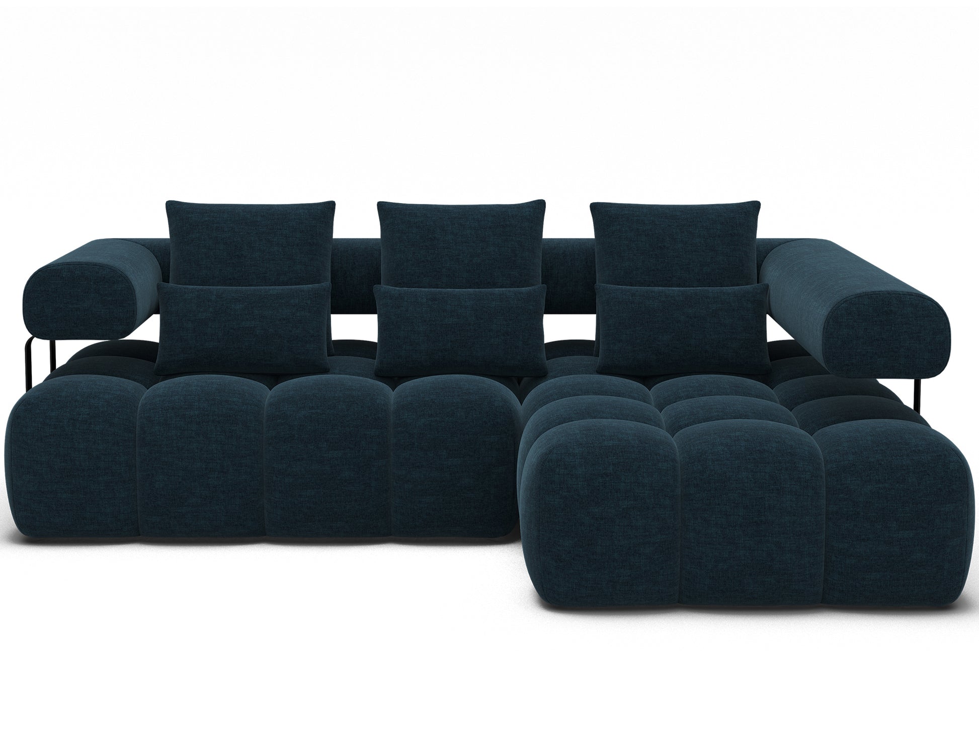 Nowoczesny granatowy narożnik Levvi ELTAP w tkaninie Manhattan 40, ergonomiczne poduchy i zaokrąglone moduły w industrialnym stylu.