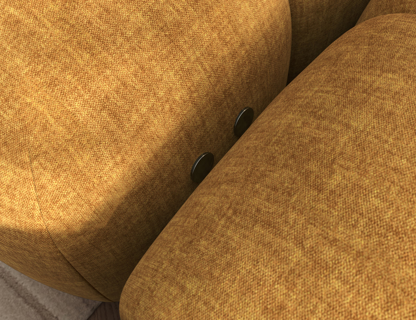 Zbliżenie na tkaninę i detale narożnika Levvi Manhattan 45 w odcieniu żółtym, ukazujące fakturę materiału i staranne wykończenie.