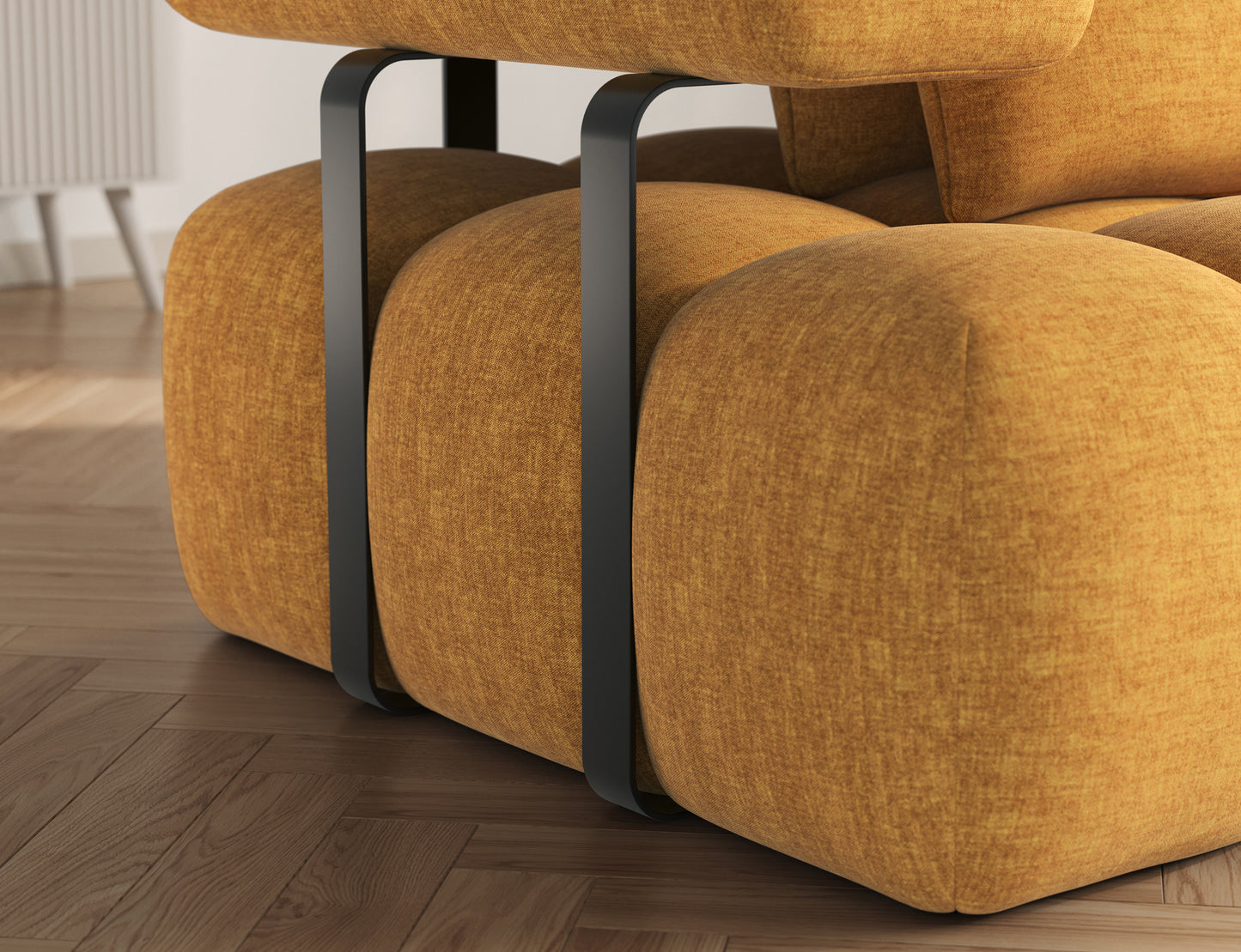 Detal narożnika Levvi Manhattan 45 w kolorze żółtym, podkreślający strukturę tkaniny i wysoką jakość wykonania siedziska.