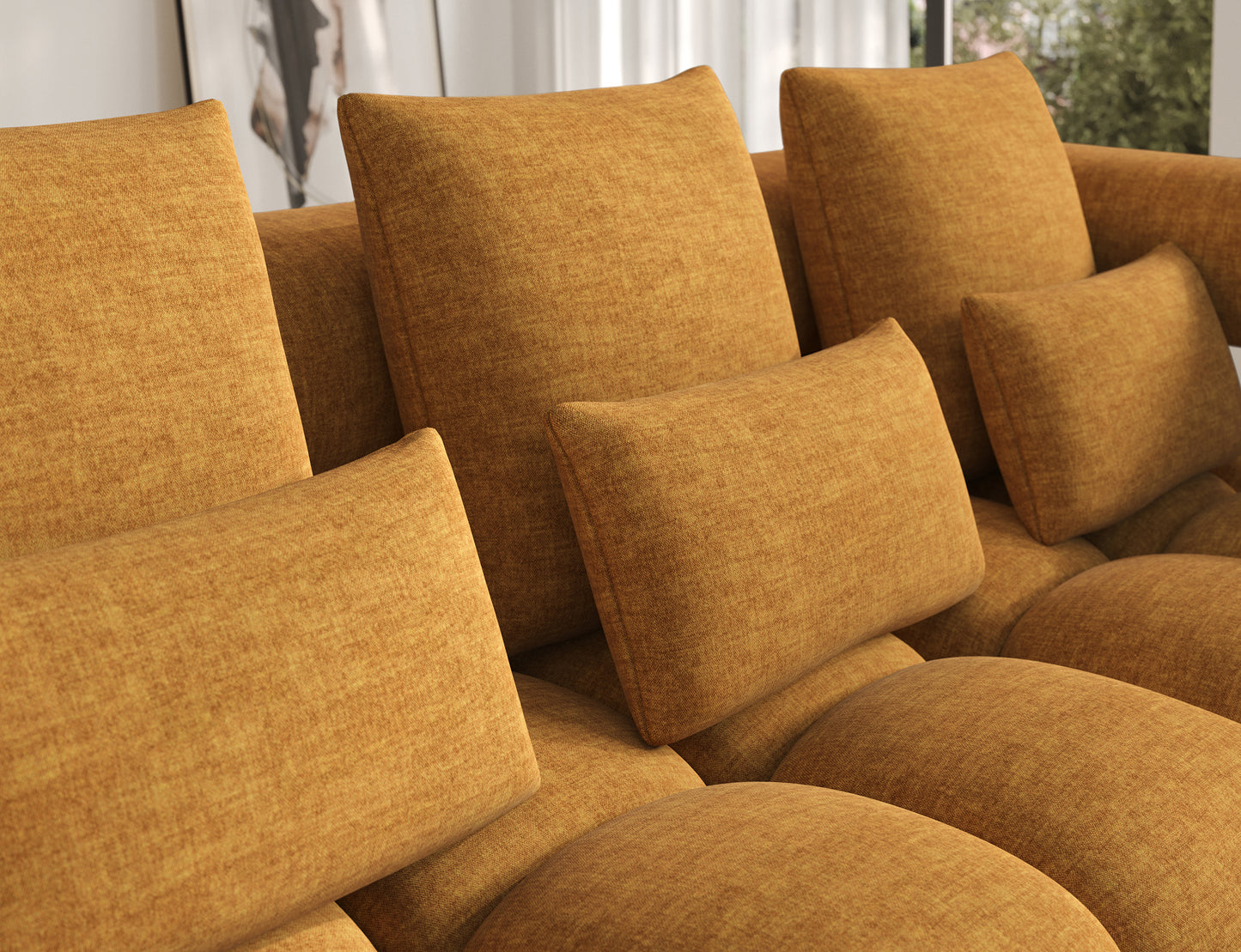 Zbliżenie na miękkie oparcia narożnika Levvi Manhattan 45 żółty – komfortowe poduchy i nowoczesna tapicerka w ciepłym odcieniu.