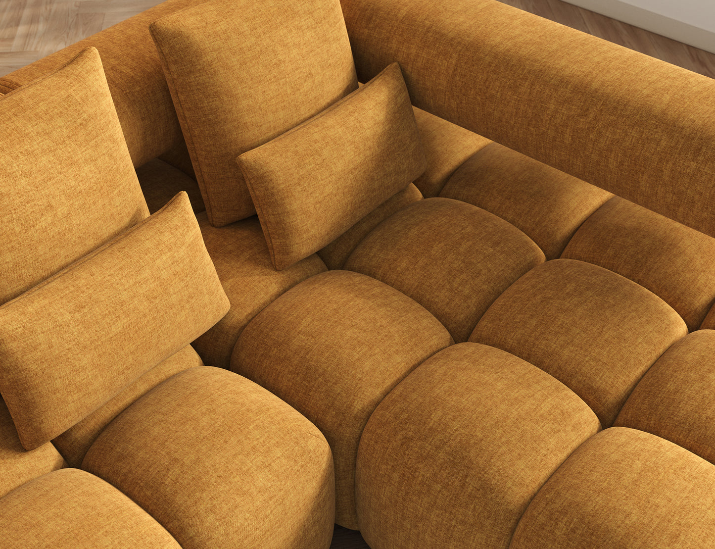 Szczegółowy widok narożnika Levvi Manhattan 45 żółty, prezentujący gęsto tkany materiał i nowoczesny charakter mebla.