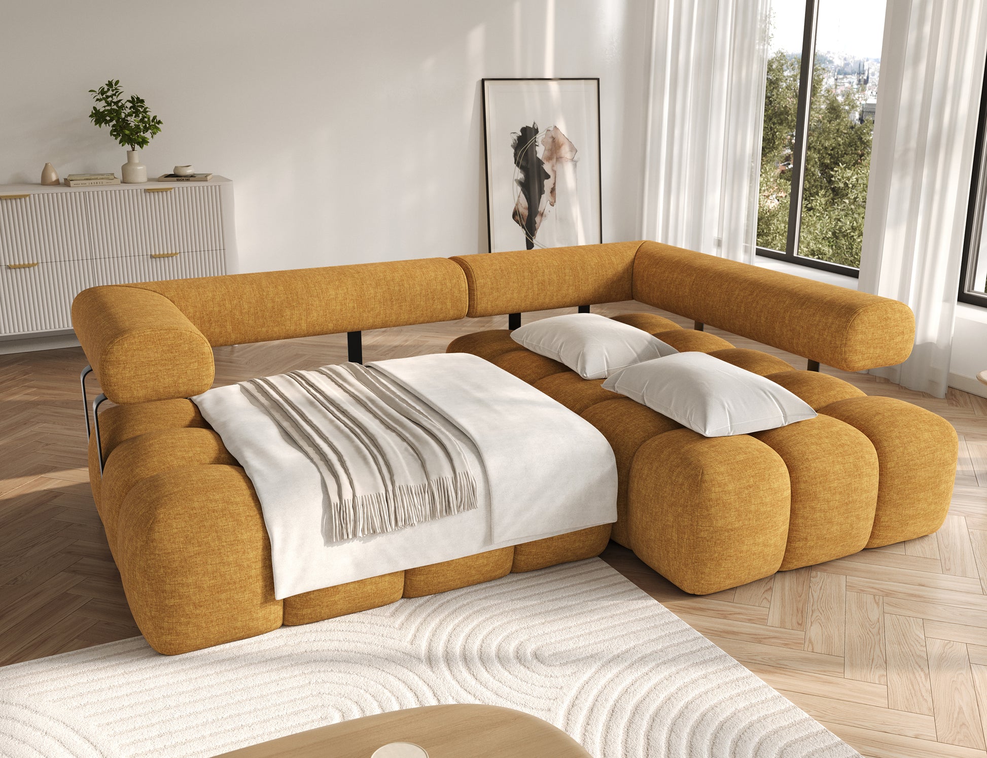 Narożnik Levvi prawy Manhattan 45 żółty rozłożony z funkcją spania – wygodne łóżko w jasnym salonie z drewnianą podłogą.