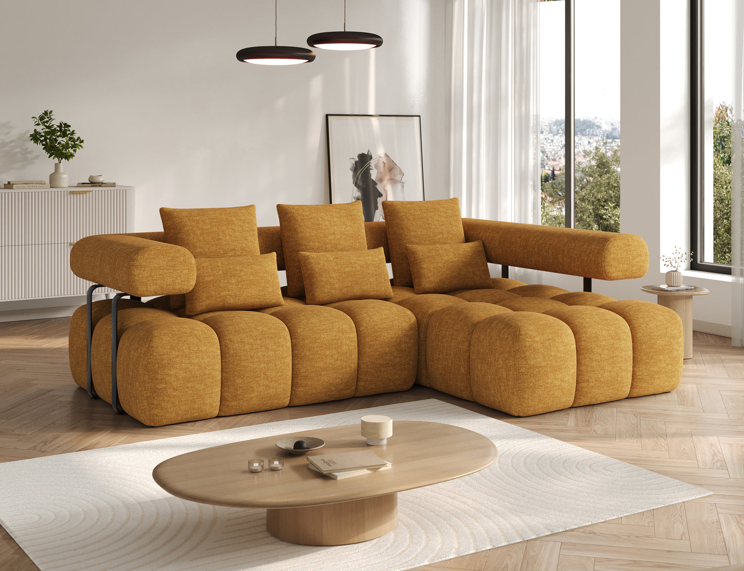 Stylowy narożnik Levvi prawy Manhattan 45 w kolorze żółtym, widok z boku – połączenie nowoczesnego designu i przytulnej formy.