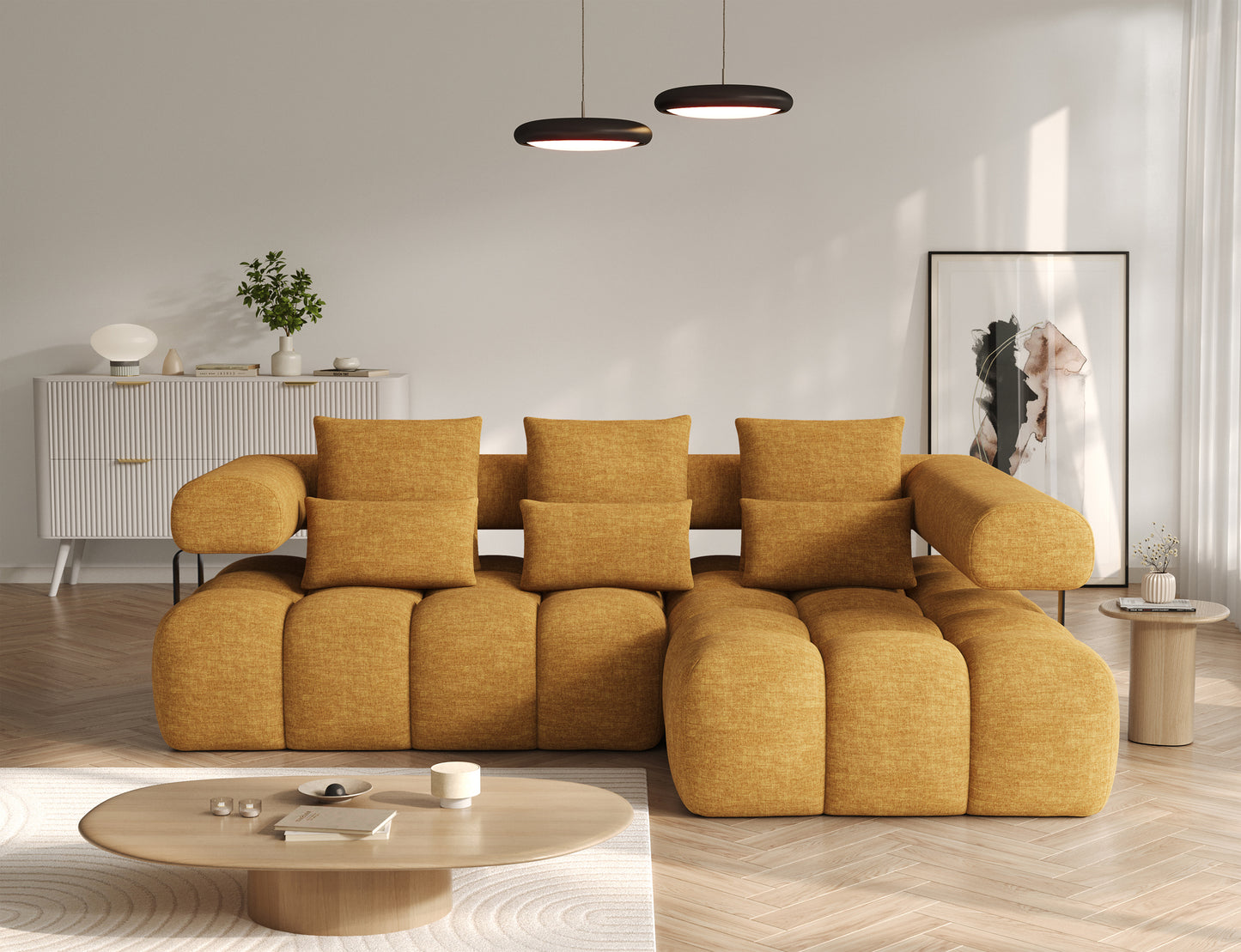 Narożnik Levvi prawy Manhattan 45 w kolorze żółtym, prezentacja frontowa w eleganckim wnętrzu z jasnym wystrojem i drewnianą podłogą.