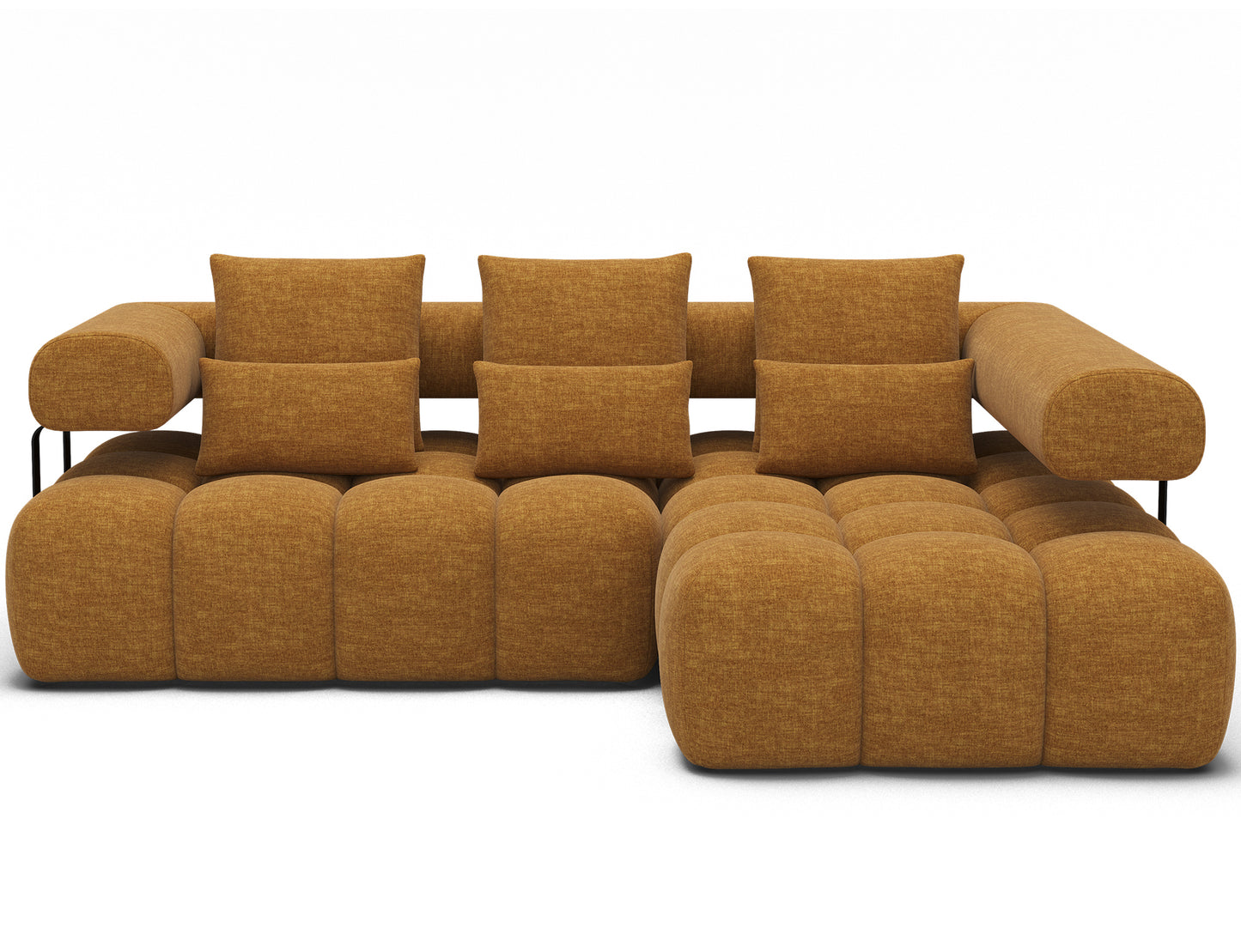 Designerski narożnik Levvi prawy Manhattan 45 żółty, widok na całość z przodu, podkreślający nowoczesną formę i geometryczną tapicerkę.