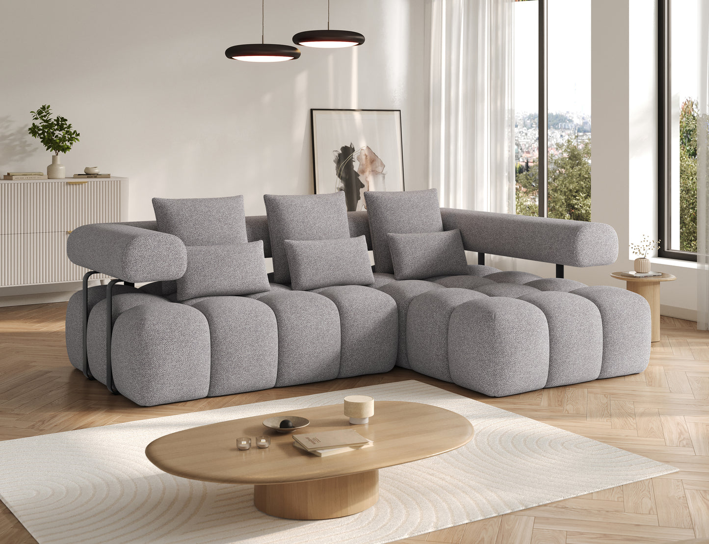 Narożnik Levvi prawy Paolli 04 szary w ujęciu skośnym – designerska forma i idealne proporcje do nowoczesnych wnętrz.