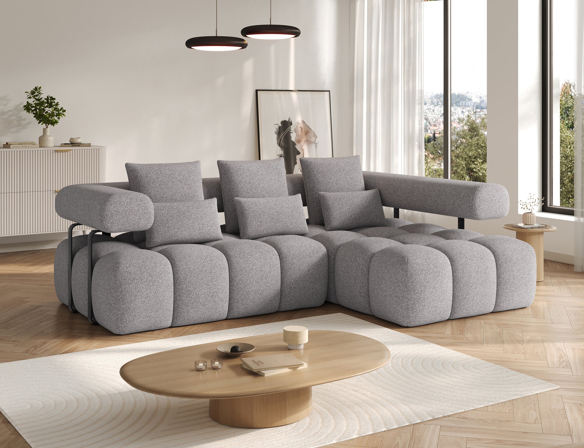 Narożnik Levvi prawy Paolli 04 szary w ujęciu skośnym – designerska forma i idealne proporcje do nowoczesnych wnętrz.