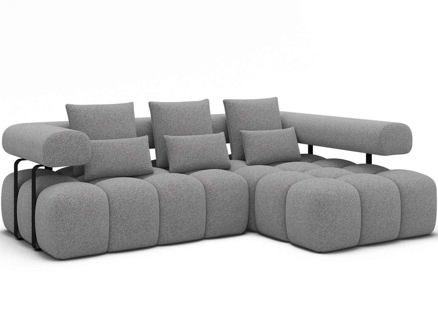 Narożnik Levvi prawy w tkaninie Paolli 04 szary prezentowany pod skosem – nowoczesna forma i miękkie siedziska.