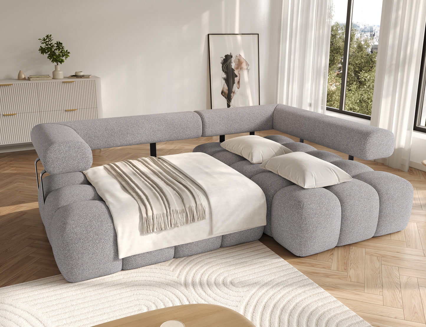 Narożnik Levvi prawy w kolorze szarym Paolli 04 rozłożony do funkcji spania – praktyczne i stylowe rozwiązanie do salonu.
