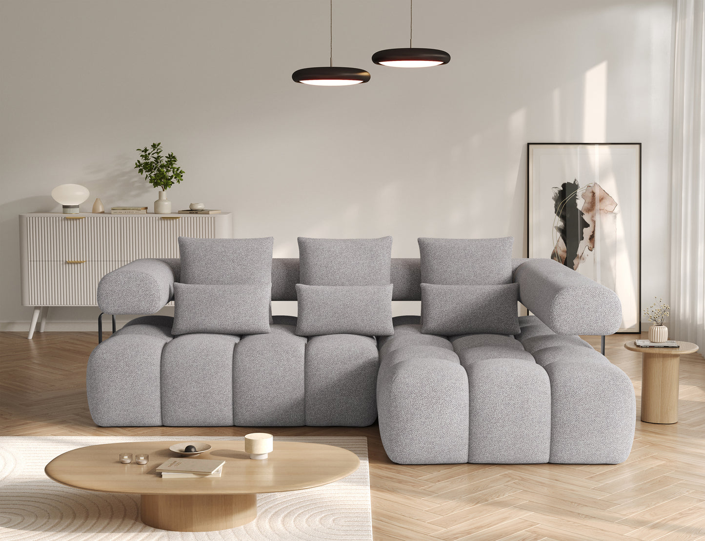 Narożnik Levvi prawy Paolli 04 szary widziany od frontu – nowoczesny design, wygoda i eleganckie wykończenie.