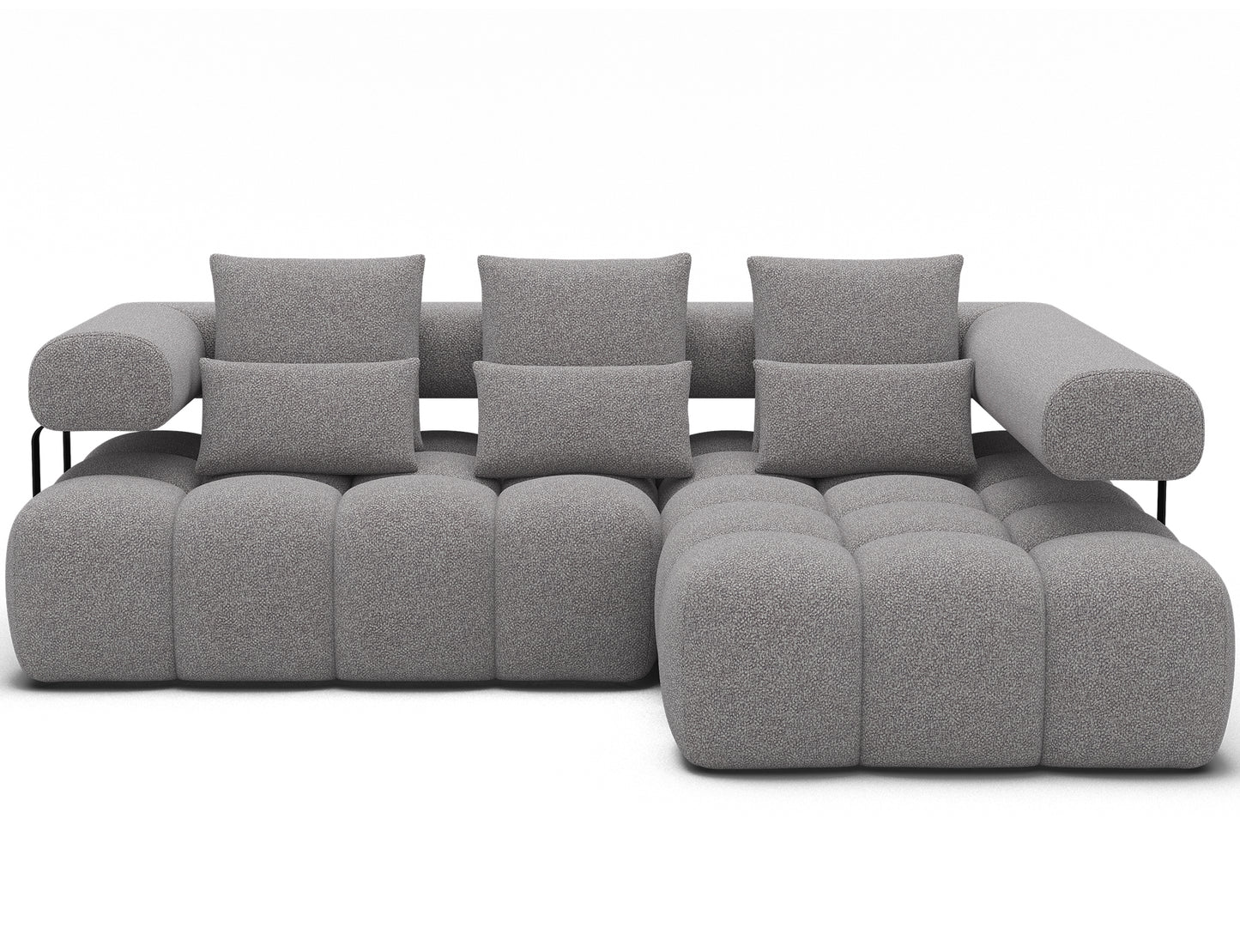 Narożnik Levvi prawy w tkaninie Paolli 04 szary z przodu – szerokie siedzisko i miękkie poduszki zapewniają komfort.