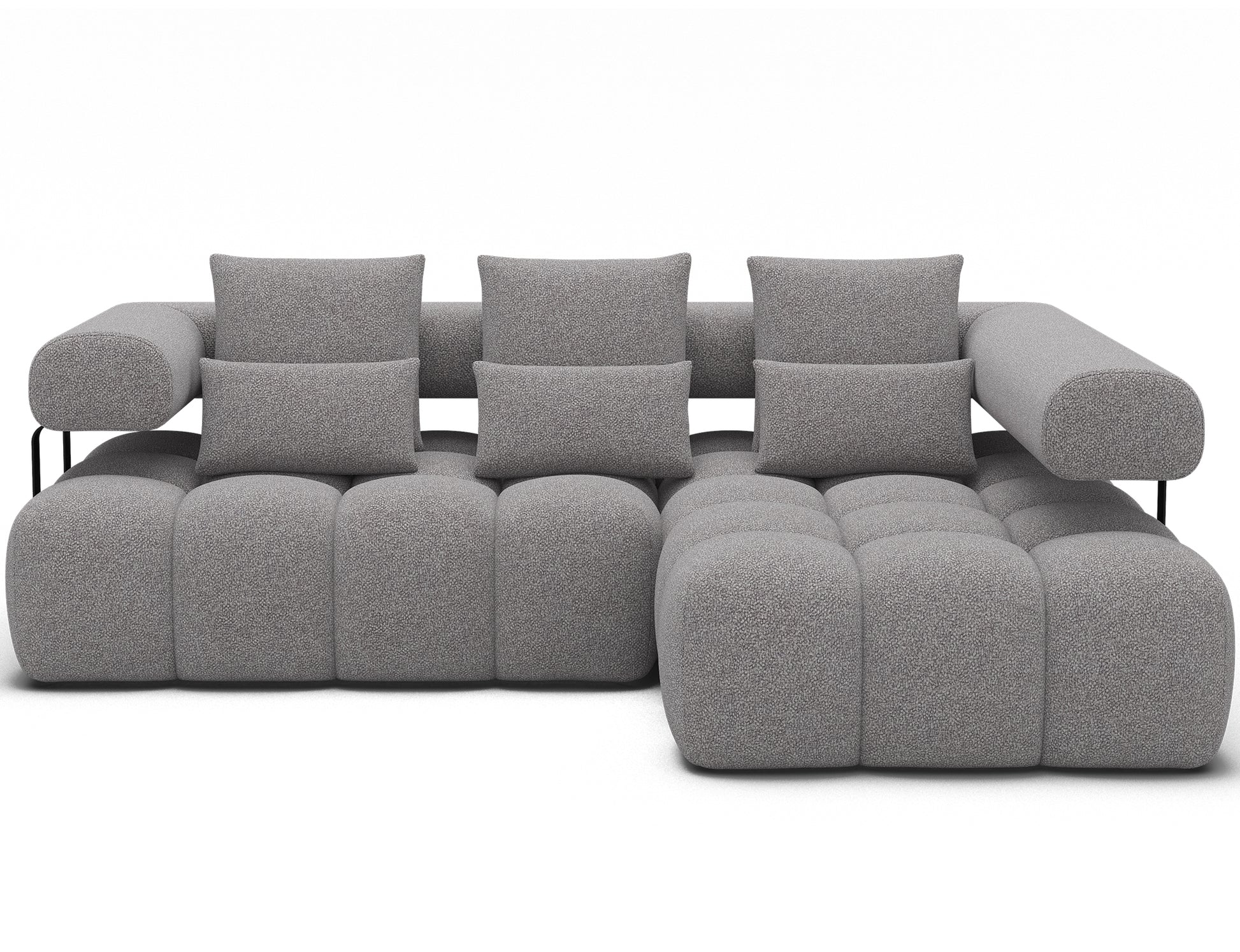 Narożnik Levvi prawy w tkaninie Paolli 04 szary z przodu – szerokie siedzisko i miękkie poduszki zapewniają komfort.