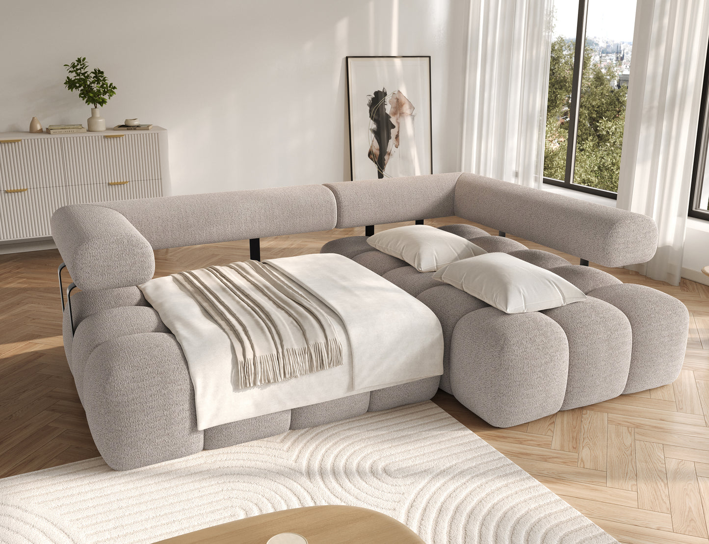 Rozłożony narożnik prawy Levvi ELTAP w jasnobeżowej tkaninie boucle, prezentacja funkcji spania Relax, posłanie 187×110 cm