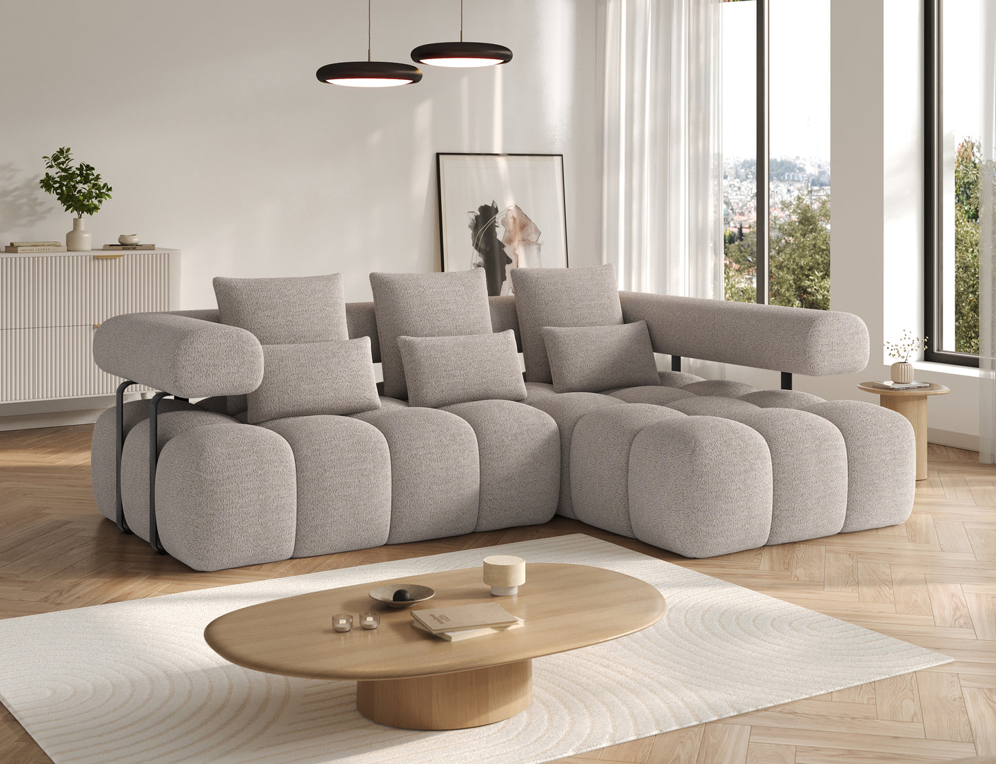 Widok narożnika prawego Levvi ELTAP w tkaninie jasnobeżowej boucle, ujęcie pod kątem, funkcja spania Relax i czarne nogi