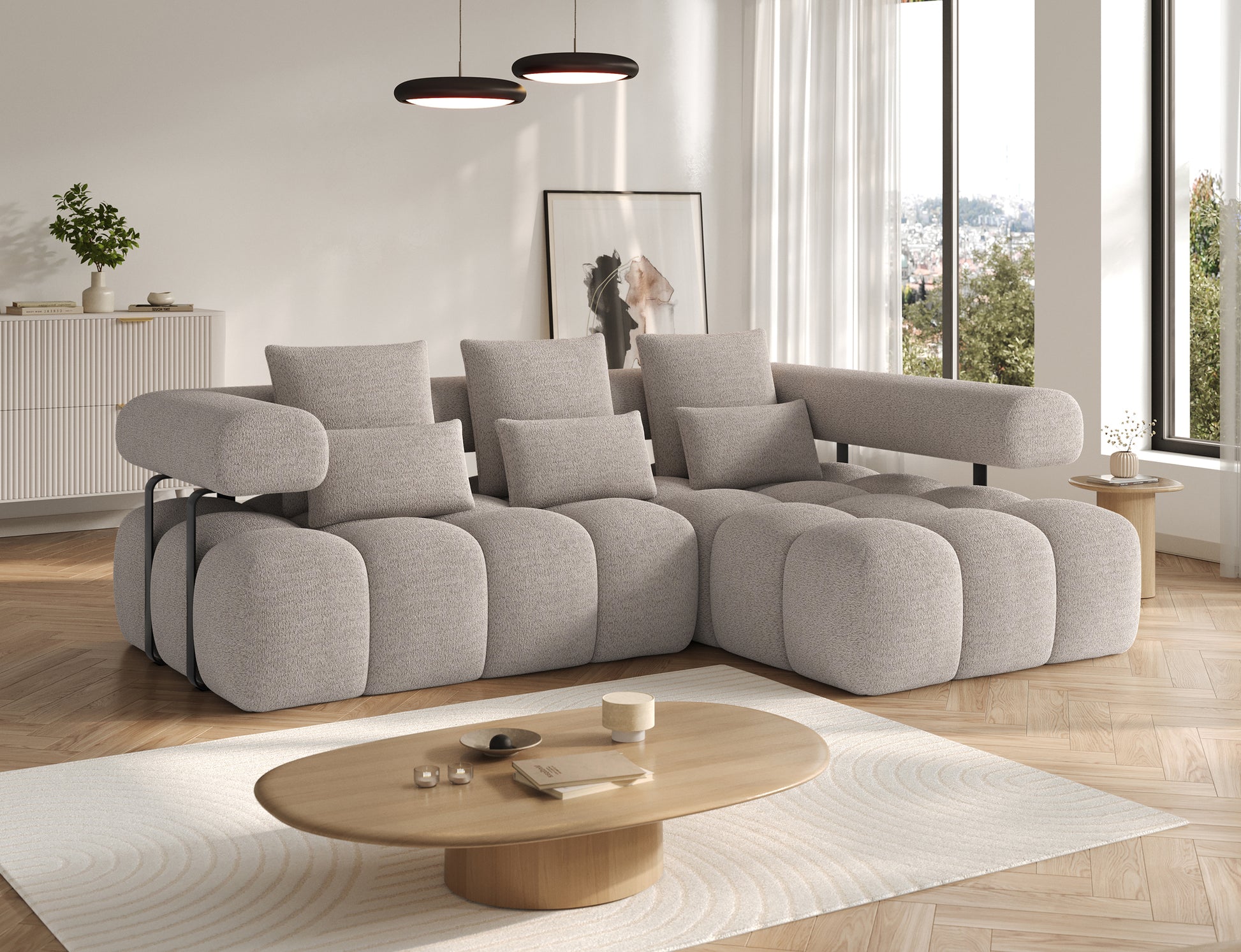 Widok narożnika prawego Levvi ELTAP w tkaninie jasnobeżowej boucle, ujęcie pod kątem, funkcja spania Relax i czarne nogi