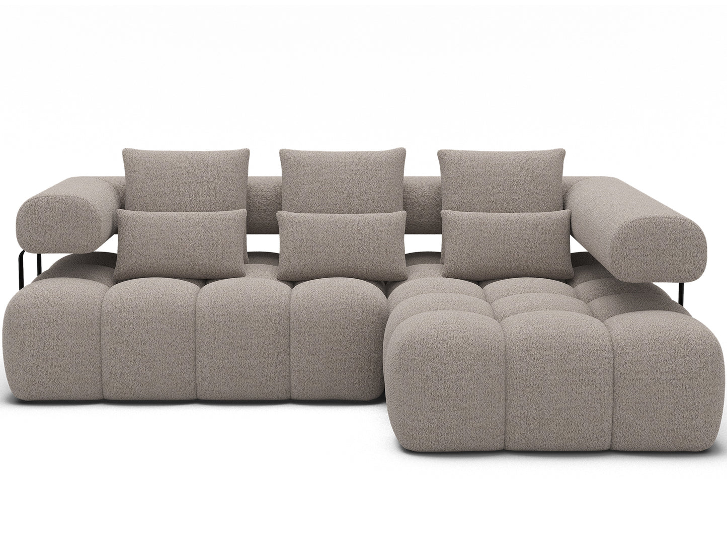 Frontowe ujęcie narożnika prawego Levvi ELTAP w tkaninie jasnobeżowej boucle, z czarnymi metalowymi nogami i funkcją Relax