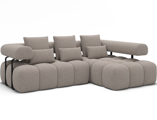 Narożnik Levvi prawy w boucle Royal 18 kremowy, widok skośny, nowoczesny design, czarne metalowe nogi, funkcja Relax
