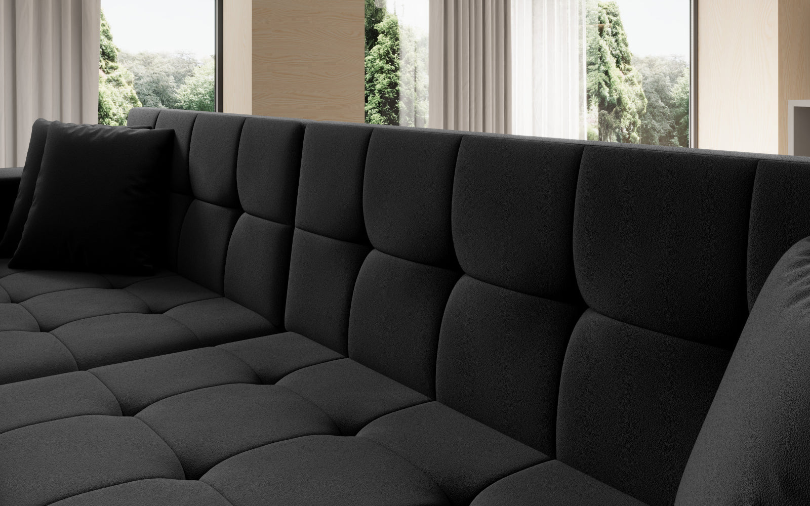 Stylowy czarny narożnik Solange lewy Matt Velvet 99 z miękkim siedziskiem i poduszkami to funkcjonalne rozwiązanie do salonu, które łączy elegancję z wygodą użytkowania w codziennym życiu.
