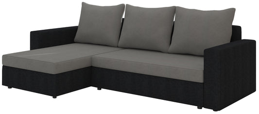 Narożnik Livio szaro-czarny, układ uniwersalny, pojemnik i spanie Delfin