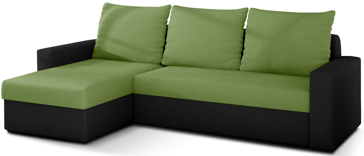 Narożnik Livio zielono-czarny, układ uniwersalny, nowoczesny wygląd i funkcja spania