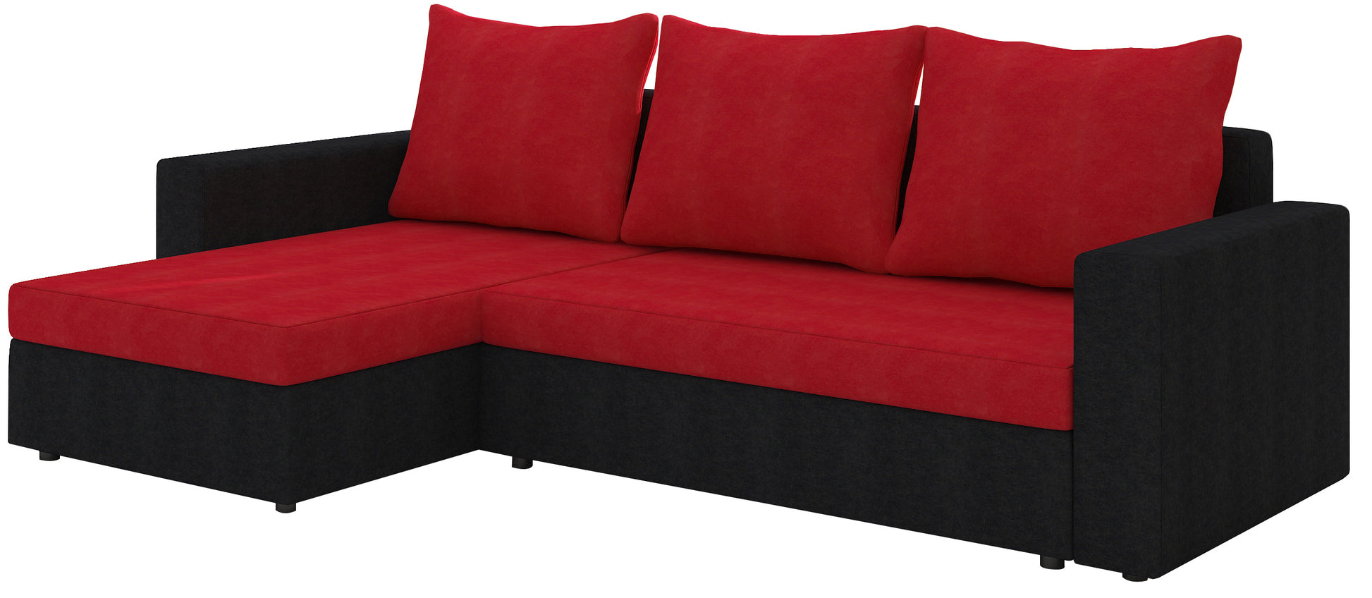 Narożnik Livio dwukolorowy: siedzisko i poduszki Alova 46 czerwony, korpus Alova 04 czarny, układ uniwersalny.