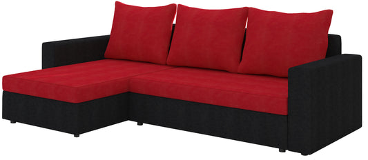 Narożnik Livio dwukolorowy: siedzisko i poduszki Alova 46 czerwony, korpus Alova 04 czarny, układ uniwersalny.