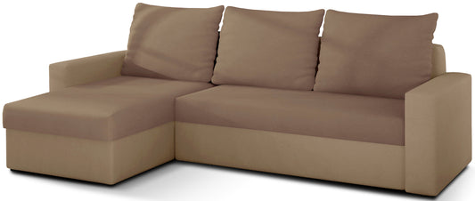 Narożnik Livio dwukolorowy: siedzisko i poduszki Alova 66 brązowy, korpus Alova 07 beżowy, układ uniwersalny.