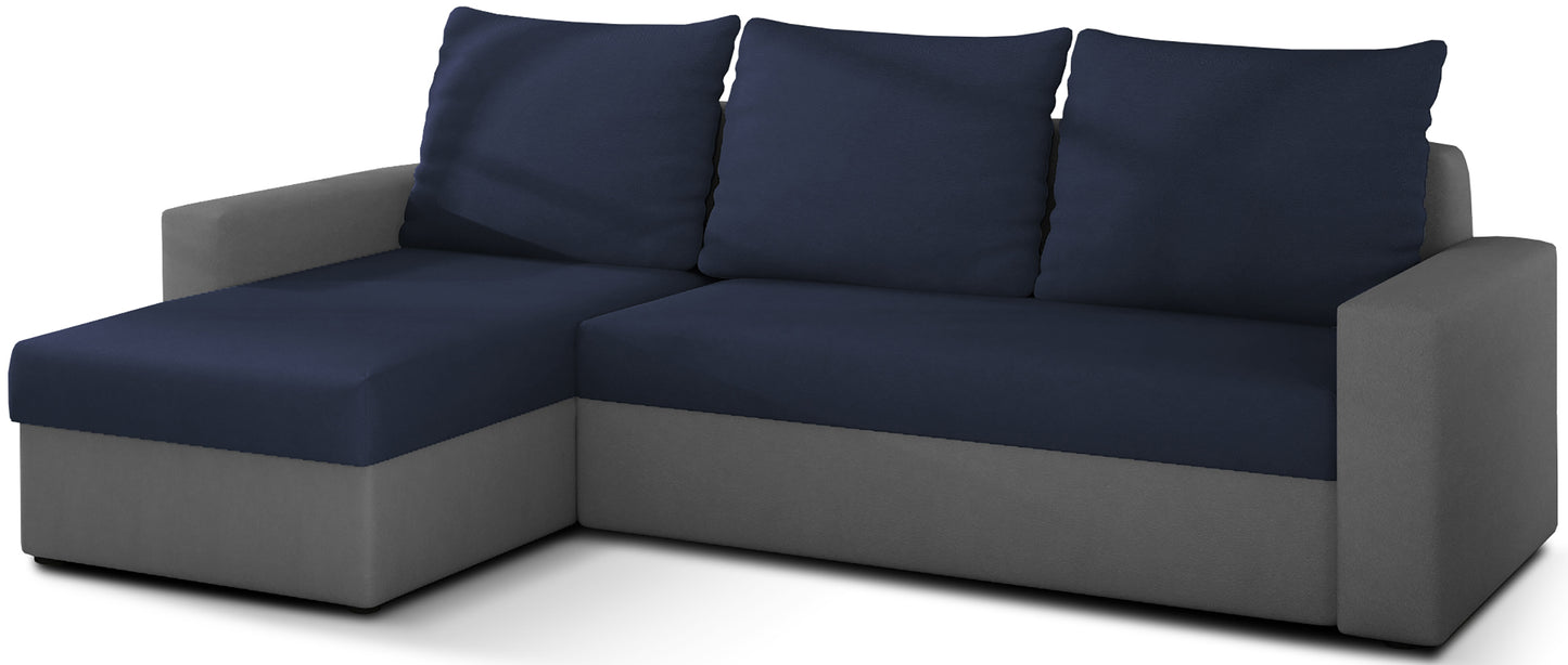 Narożnik Livio dwukolorowy: siedzisko i oparcia Alova 79 granatowy, korpus Alova 10 szary, układ uniwersalny.