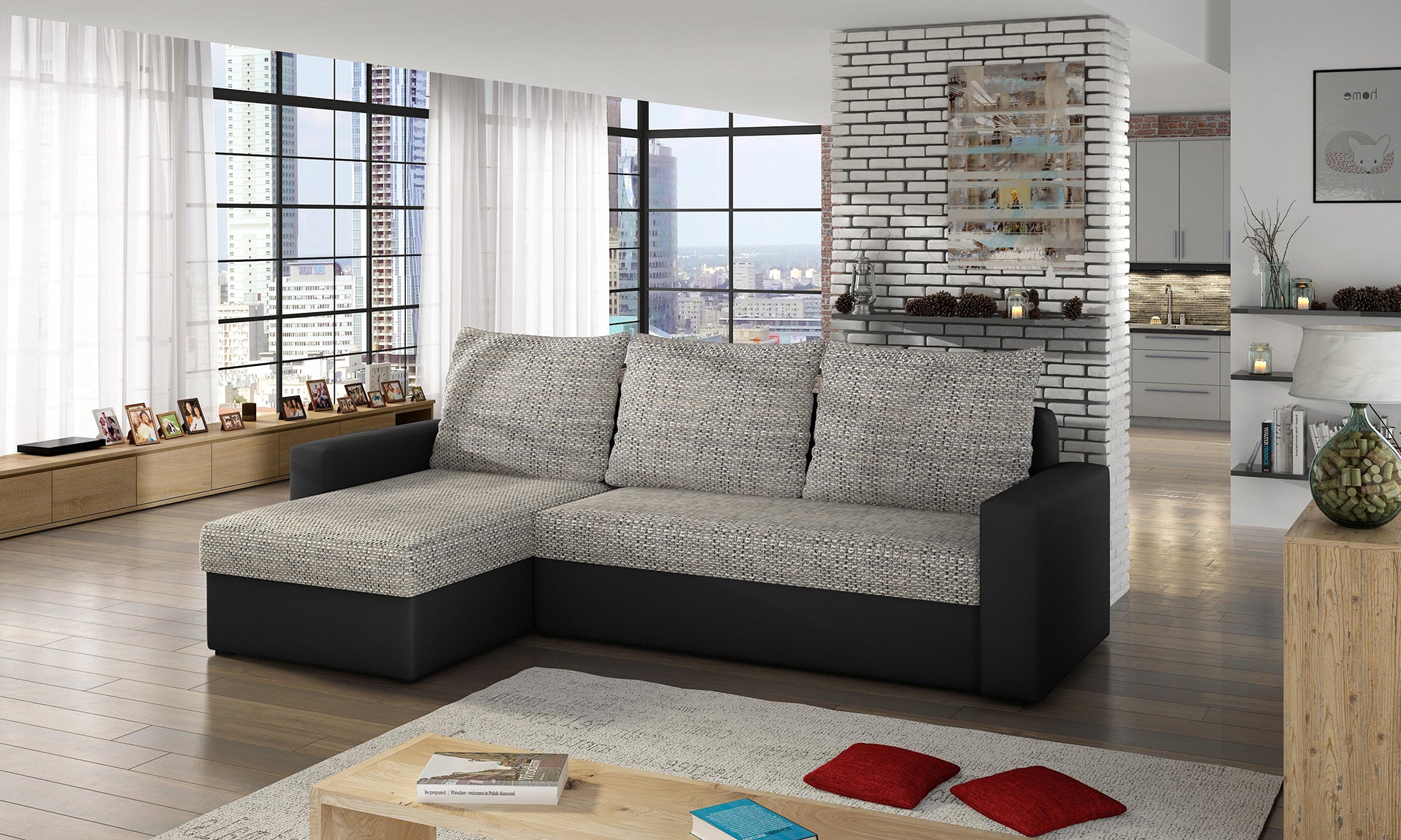 Szaro-czarny narożnik Livio Berlin 01 i Soft 11 z funkcjonalnym układem i miękkim siedziskiem. Mebel wyróżnia się minimalistycznym designem, szerokimi podłokietnikami i komfortową przestrzenią do codziennego wypoczynku.