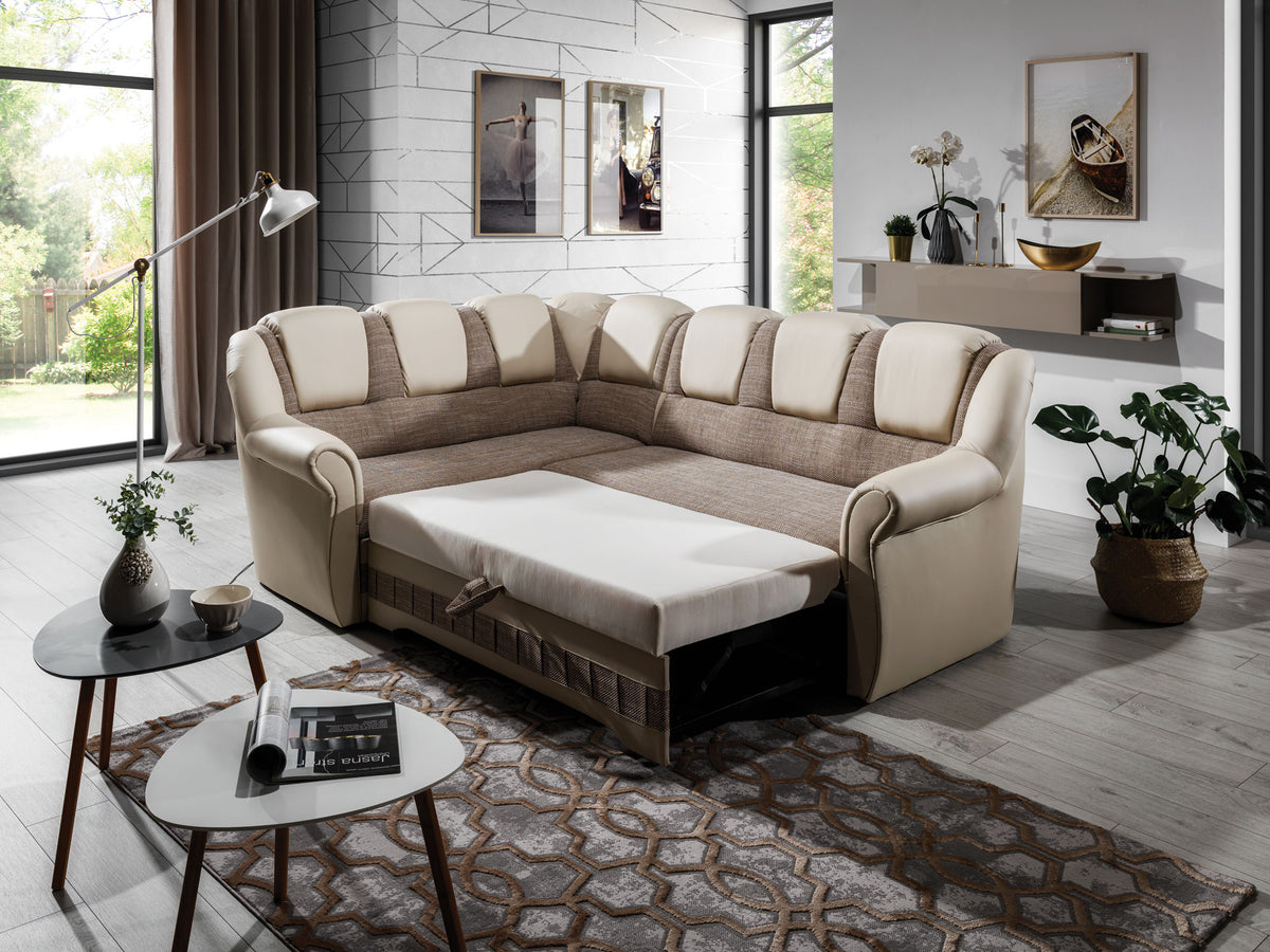 Narożnik Lord II lewy w tkaninie Berlin 03 oraz Soft 33 z rozłożoną funkcją spania i eleganckimi zagłówkami. Stylowy narożnik do salonu w odcieniach beżu i taupe idealny do wnętrz modern classic oraz glamour.