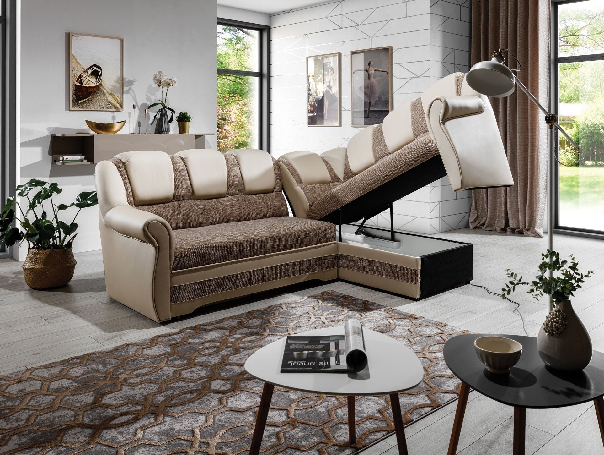 Narożnik Lord II prawy w tkaninie Berlin 03 oraz Soft 33 z podniesioną otomaną i eleganckimi zagłówkami. Stylowy narożnik do salonu w odcieniach beżu i taupe idealny do wnętrz modern classic oraz glamour.