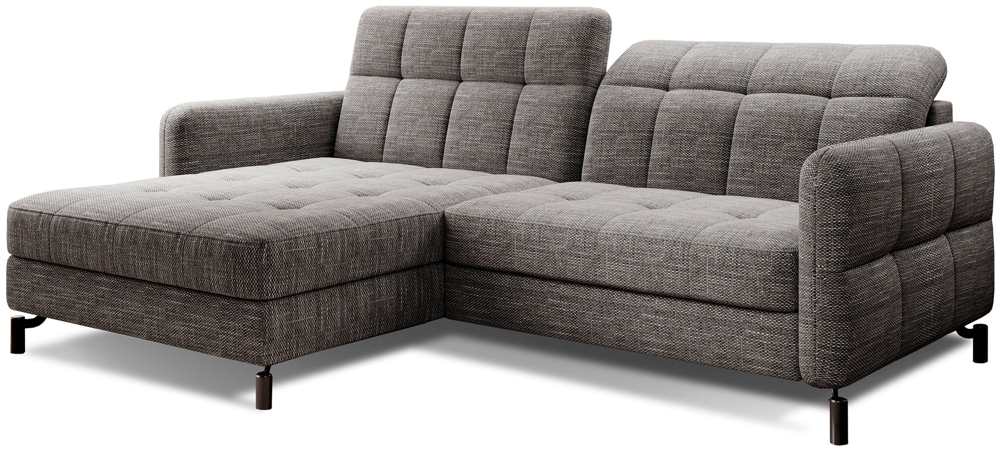 Narożnik Lorelle w układzie lewym, tapicerowany tkaniną Berlin 01 w kolorze szarym, widok produktu na białym tle.