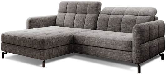 Narożnik Lorelle w układzie lewym, tapicerowany tkaniną Berlin 01 w kolorze szarym, widok produktu na białym tle.