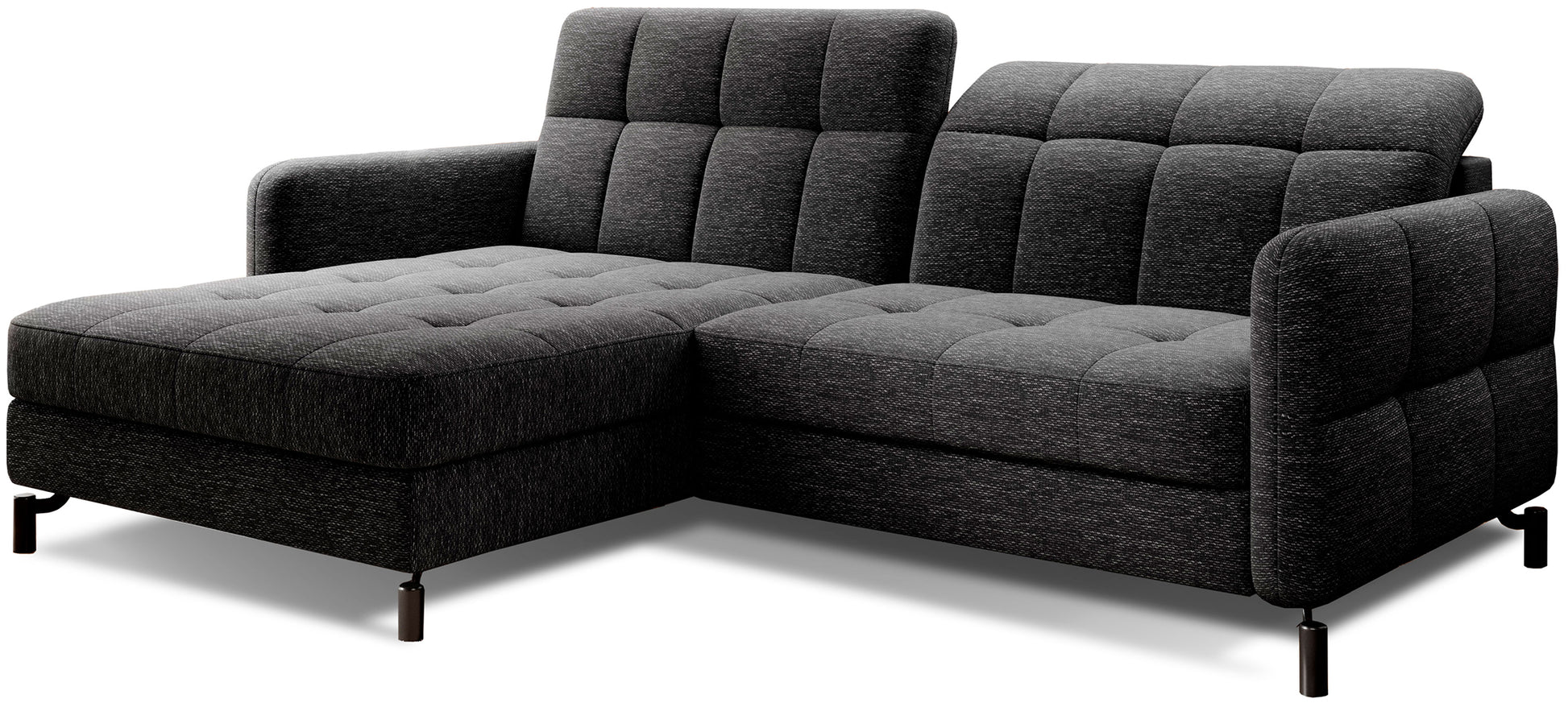 Narożnik Lorelle w kolorze Berlin 02 czarny, układ lewy, widok studyjny na białym tle, tapicerowany tkaniną o drobnej teksturze, z pikowanym siedziskiem i oparciem.