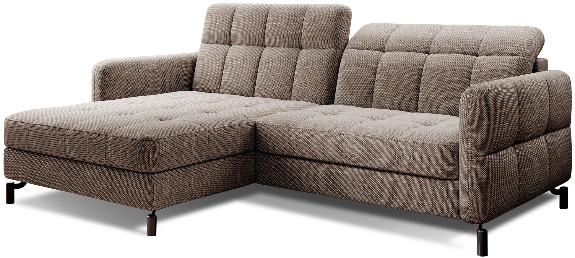 Narożnik Lorelle w kolorze Berlin 03 ciemnobeżowy, układ lewy, widok na całość mebla z pikowanym siedziskiem i oparciem.