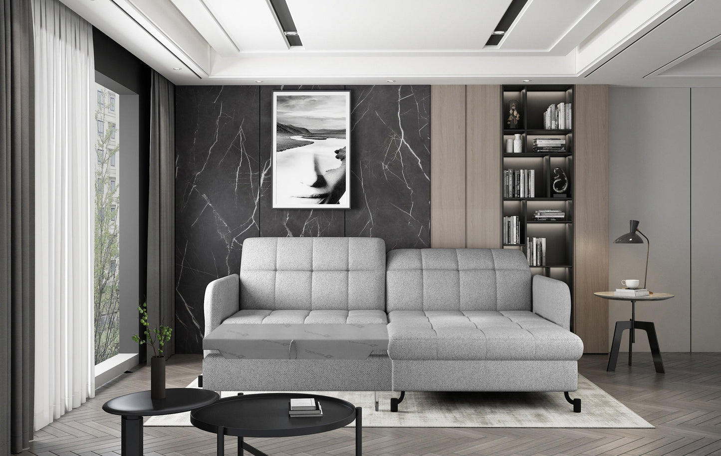 Narożnik Lorelle w kolorze Grande 81 jasnoszary, układ lewy, zaprezentowany w funkcji spania w eleganckim salonie.