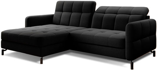 Narożnik Lorelle w kolorze Inari 100 czarny, układ lewy, widok studyjny na tle białego tła.