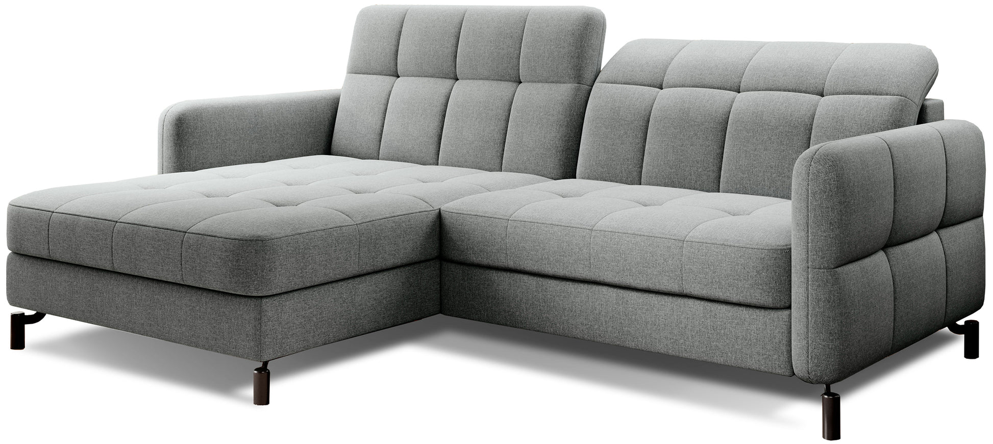 Narożnik Lorelle w kolorze Inari 91 szary, układ lewy, widok studyjny na jasnym tle.