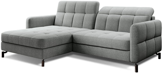 Narożnik Lorelle w kolorze Inari 91 szary, układ lewy, widok studyjny na jasnym tle.