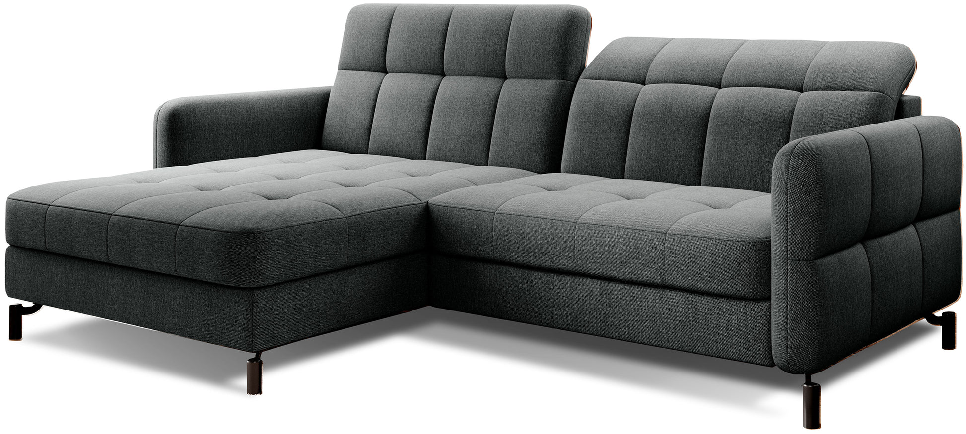 Narożnik Lorelle w kolorze Inari 96 ciemnoszary, układ lewy, widok studyjny na sofę z pikowanymi siedziskami i oparciami.