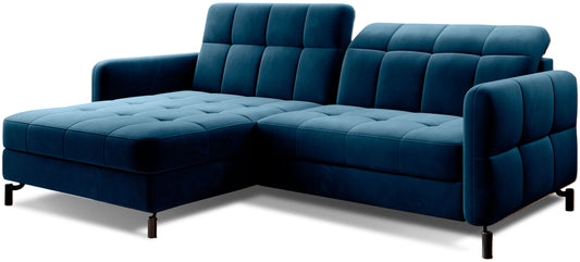 Granatowy narożnik Lorelle w tkaninie Kronos 09 w układzie lewym, widok studyjny na białym tle.